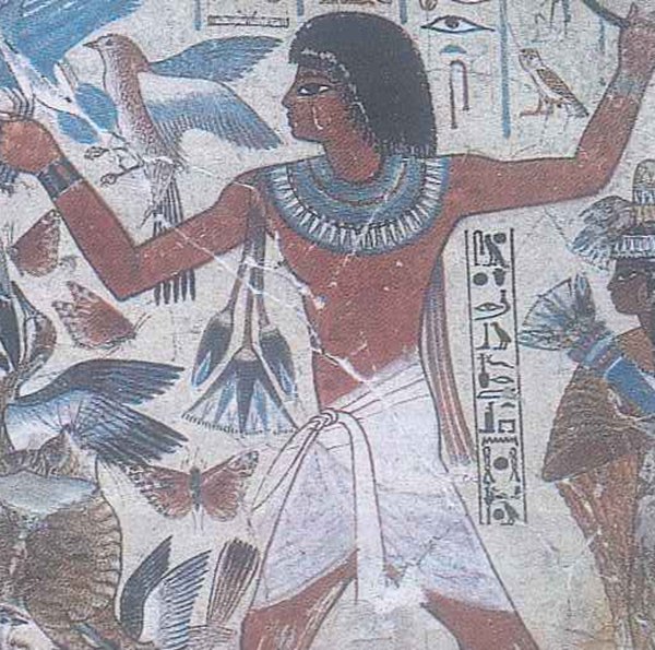 An old wall painting of a man with a wide collar and a white skirt, one arm raised, among birds and small picture signs