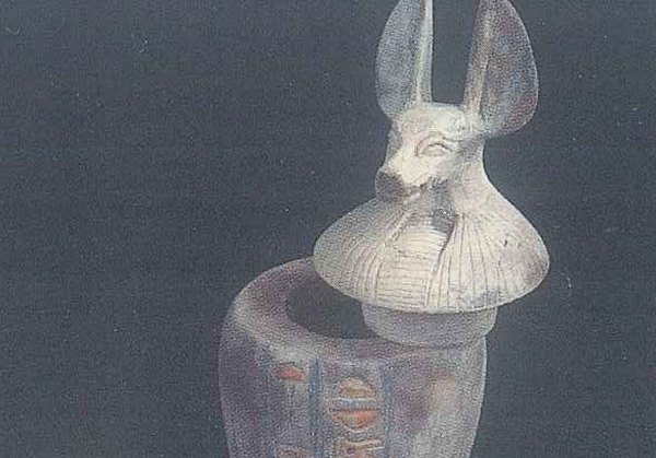 A pale jar with a lid shaped like an animal's head with tall pointed ears, on a dark background